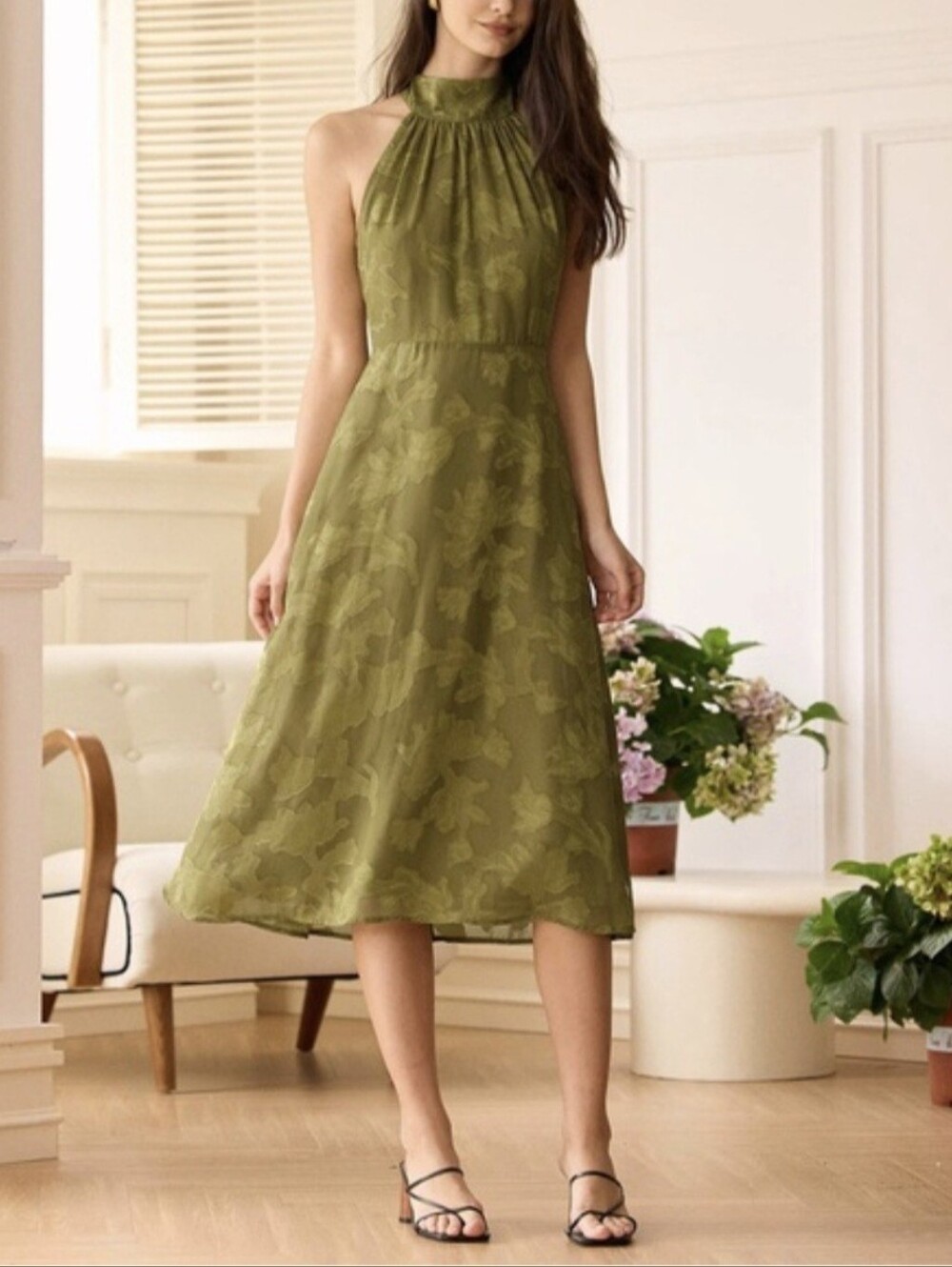 RIHOAS Green Jacquard Ruched Halter Midi Dress